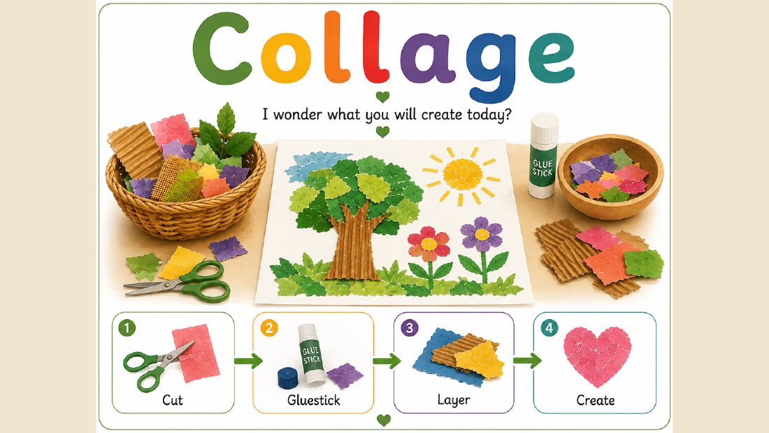 Creative Arts card: Collage — cut, gluestick, layer, create
