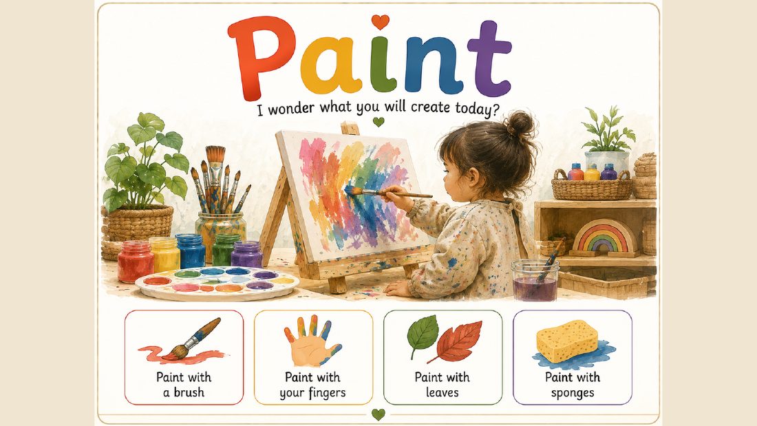 Creative Arts card: Paint — paint with a brush, fingers, leaves and sponges