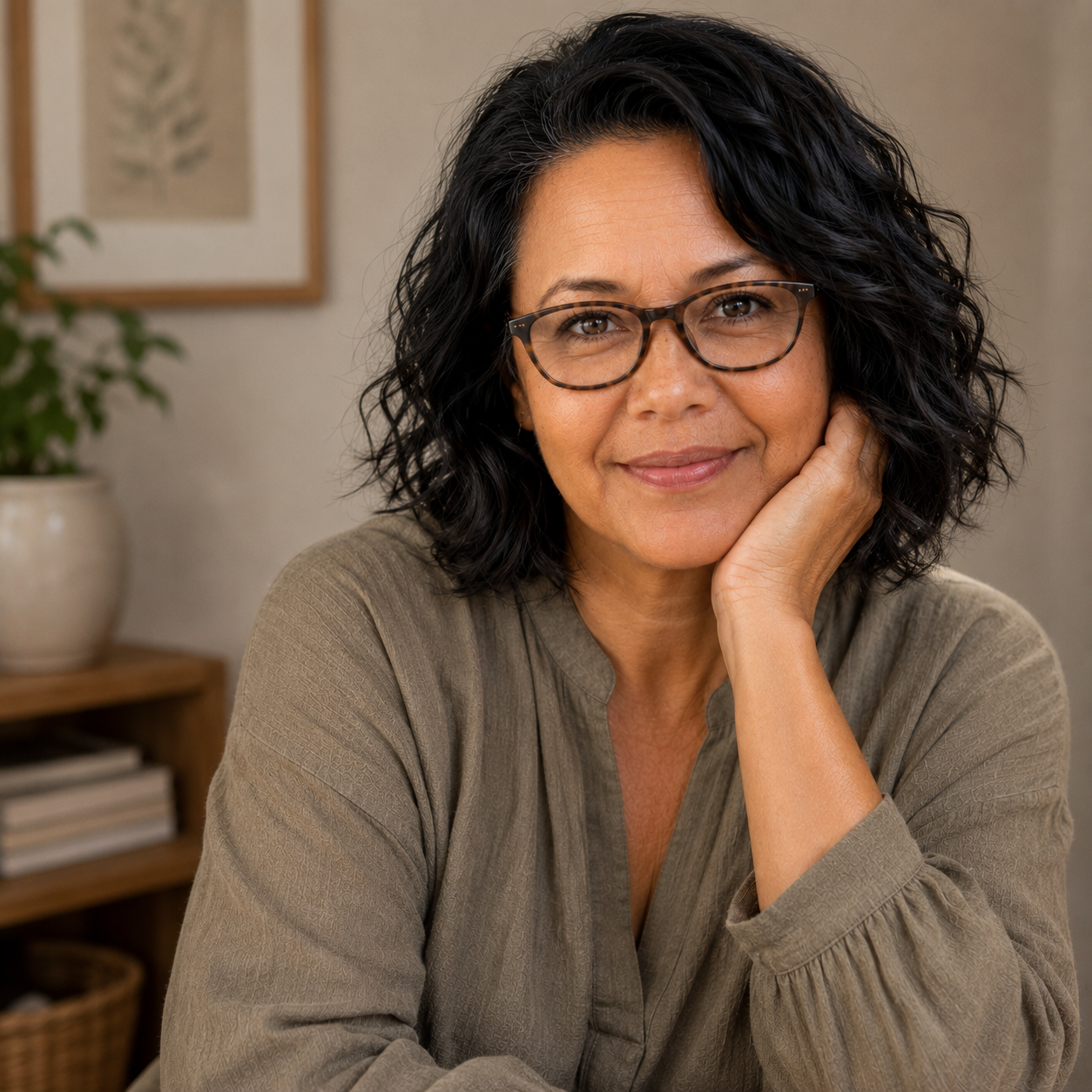 Mae, the teacher behind Inspired By Children, sitting in a warm room with plants and books