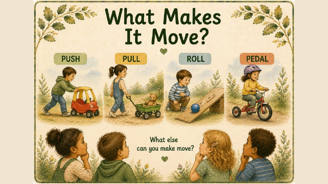 Transport card: What Makes It Move? Push, pull, roll, pedal