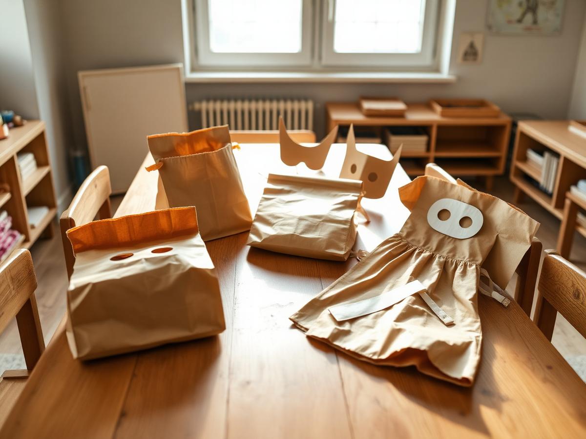 Brown paper shopping bags turned into masks and a paper dress on a timber classroom table