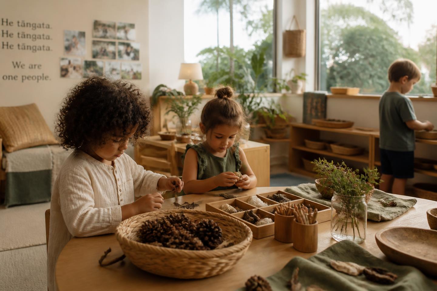Children exploring natural materials together in a calm, sunlit classroom
