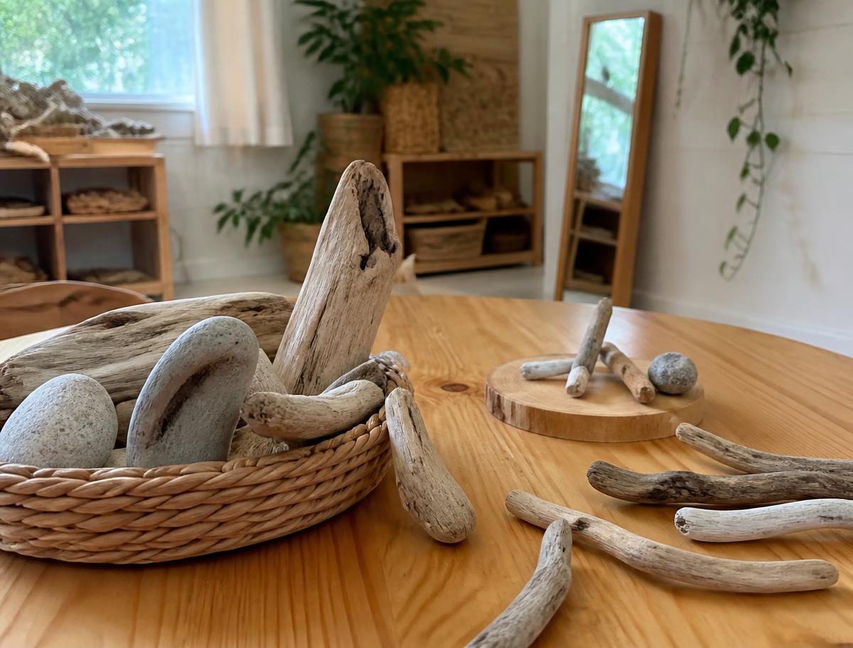 Naturally weathered driftwood pieces arranged in a woven basket on a timber classroom table, soft natural light