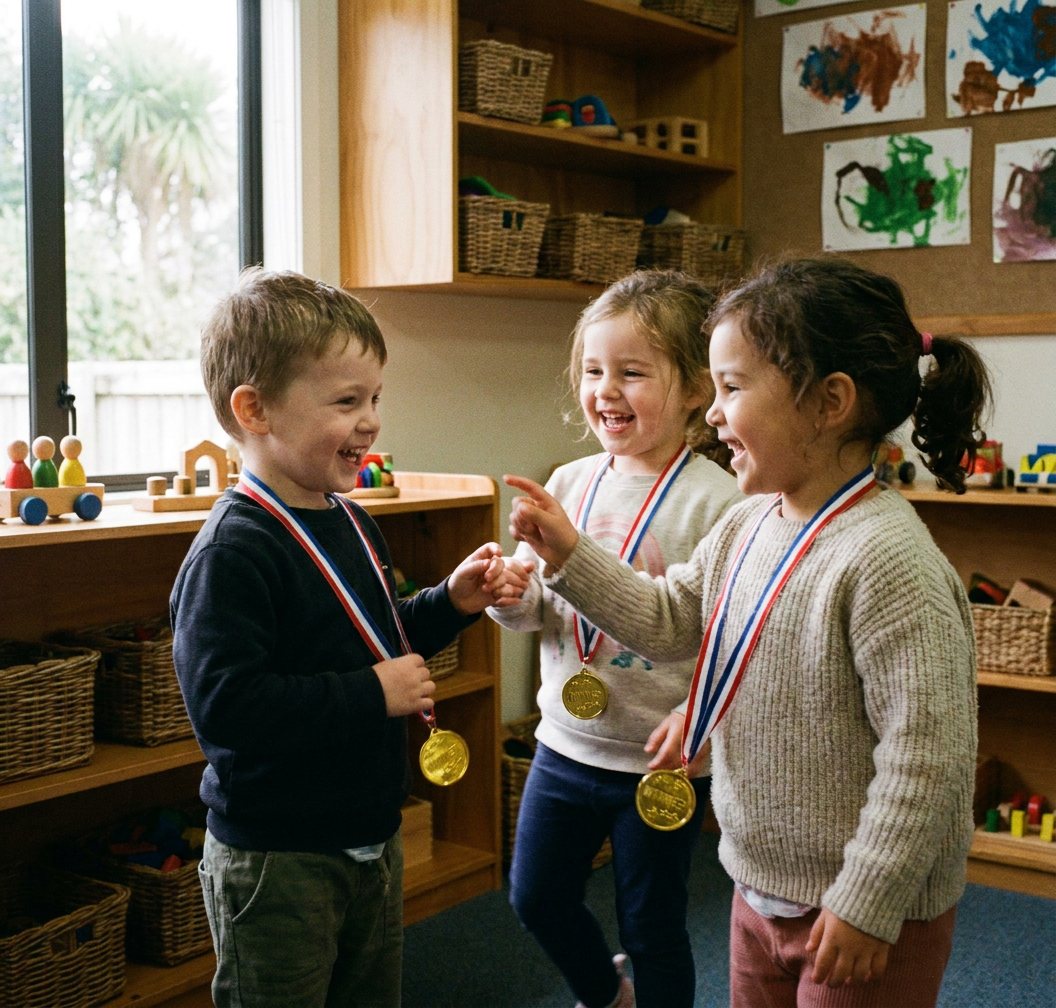 Preschool children proudly wearing inexpensive plastic gold winner medals with red, white and blue ribbons after a classroom scavenger hunt, one child helping another put theirs on