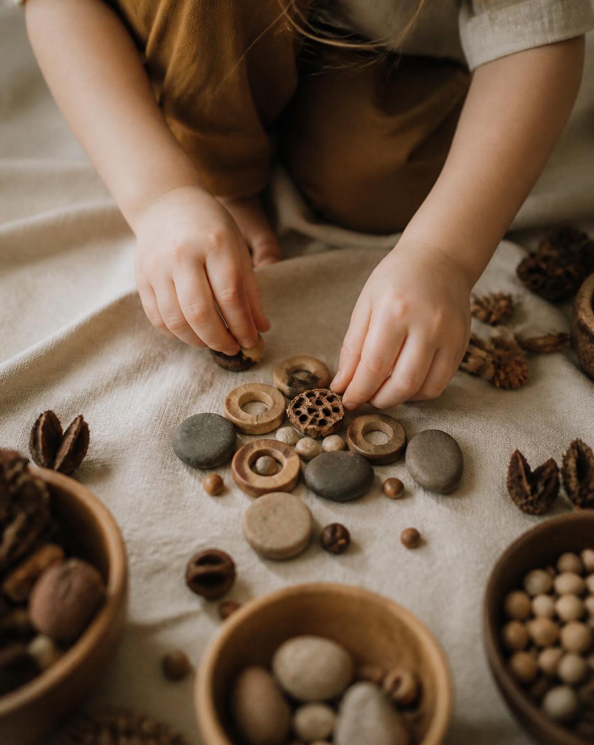 A child's hands arranging pebbles, seed pods and wooden rings on a linen cloth