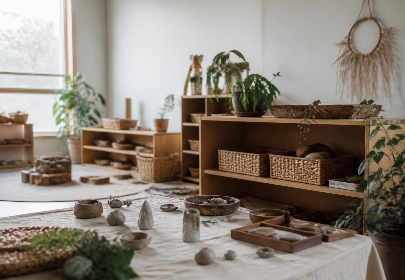 A calm classroom with timber shelving, woven baskets and plants in natural light