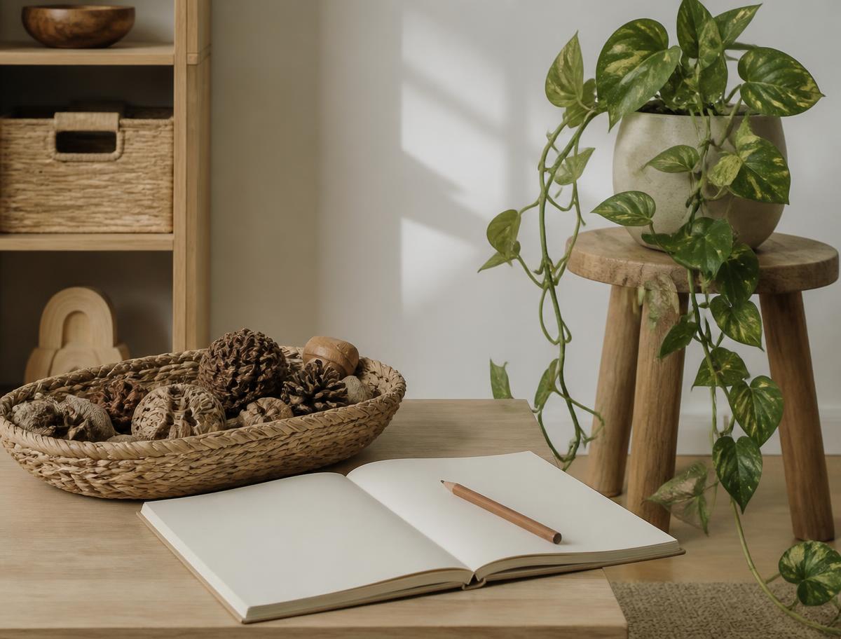 A quiet learning corner with a woven basket of natural treasures, an open notebook and a trailing plant on a timber stool