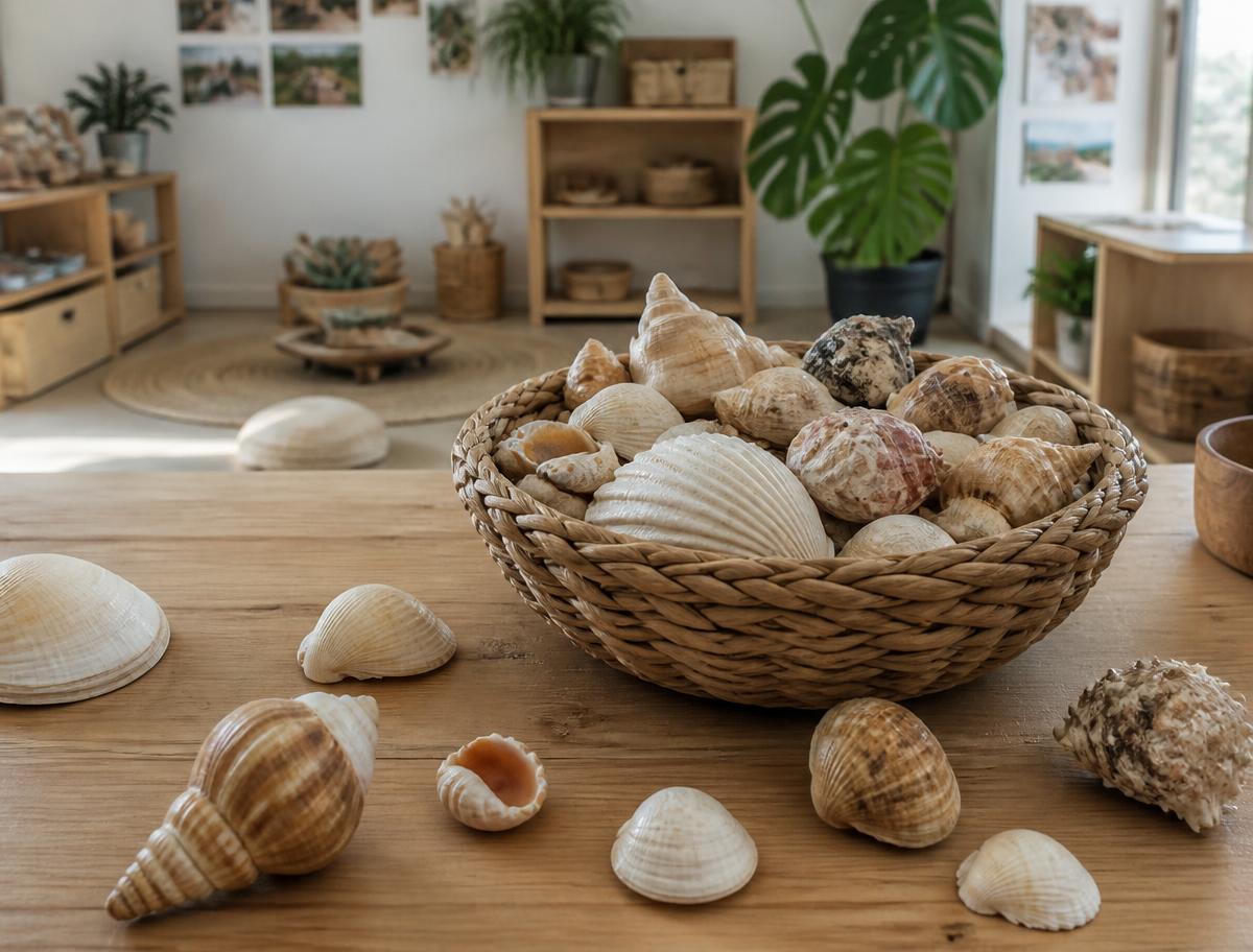 A woven basket of naturally gathered seashells on a timber classroom table, with soft natural light from a window
