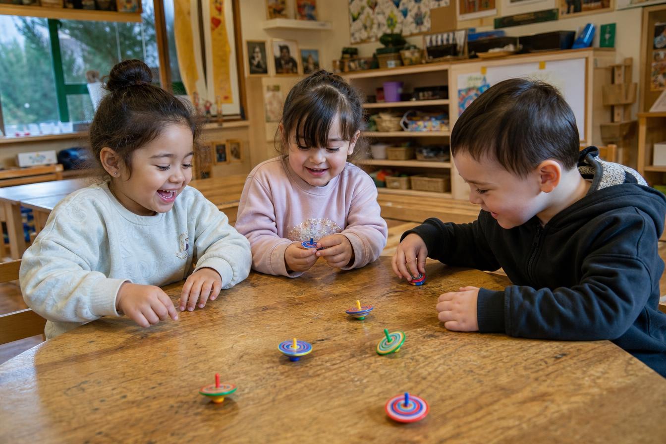 Preschool children spinning small, lightweight plastic tops with bright printed circular stripes on a well-used timber classroom table